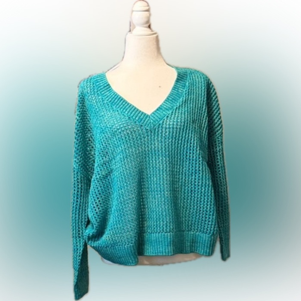 Torrid Teal Open Stitch V-neck Sweater NWT
